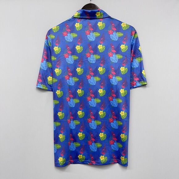 Proud 90 Men's Polo Shirt Golf is Fun Hawaiian Floral Flamingos Size Medium euc - Picture 4 of 5